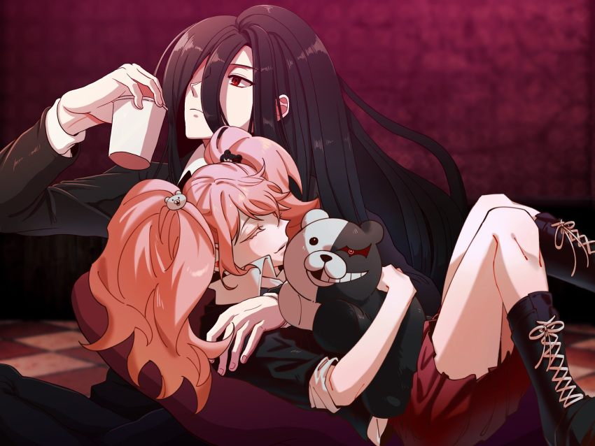 1girl arm_around_shoulder bangs bear_hair_ornament black_footwear black_jacket blonde_hair boots commentary_request cross-laced_footwear cup dangan_ronpa_(series) dangan_ronpa_2:_goodbye_despair enoshima_junko formal frown hair_ornament hand_up highres holding holding_cup jacket kamukura_izuru knee_boots knees_up lace-up_boots long_hair lying miniskirt monokuma necktie on_back red_background red_eyes red_skirt school_uniform shiny shiny_hair skirt sleeves_rolled_up smile stuffed_toy tansug_(tansuk88) twintails