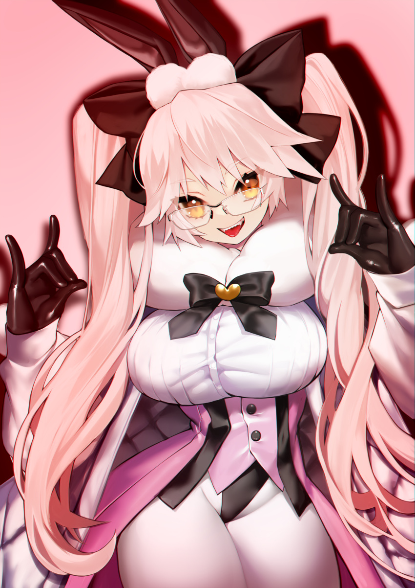 1girl animal_ear_fluff animal_ears bangs black_bow black_gloves bow breasts cloak coattails collared_shirt corset dress_shirt fate/grand_order fate_(series) fox_shadow_puppet fox_tail fur_collar glasses gloves hair_between_eyes hair_bow highres huge_bow koyanskaya_(fate) large_breasts long_hair long_sleeves looking_at_viewer open_mouth pantyhose pink_eyebrows pink_hair rabbit_ears rahato shirt sidelocks smile solo tail tamamo_(fate)_(all) thighs thighs_together twintails underbust white_cloak white_legwear white_shirt yellow_eyes