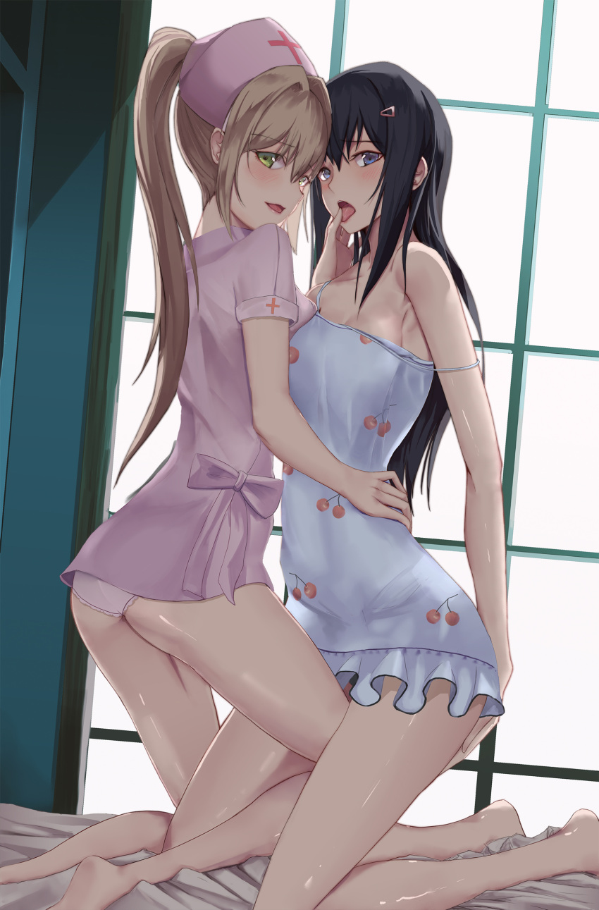 2girls absurdres black_hair blonde_hair blue_eyes blush commentary_request eyebrows_visible_through_hair green_eyes hair_ornament hairclip hat high_ponytail highres hmrgyukina kneeling leg_between_thighs long_hair multiple_girls nurse_cap open_mouth original parted_lips tongue tongue_out yuri