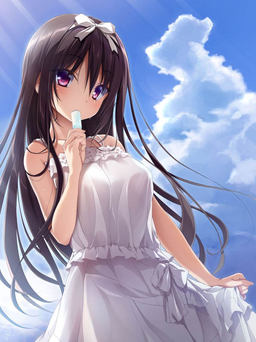 1girl amatsutsumi bangs bare_arms bare_shoulders black_hair blue_sky blush bow breasts chaamii clouds commentary_request cowboy_shot day dress eating eyebrows_visible_through_hair food frilled_dress frills hair_bow highres holding holding_food long_hair medium_breasts oribe_kokoro outdoors popsicle skirt_hold sky sleeveless solo sundress sweat very_long_hair violet_eyes white_bow white_dress