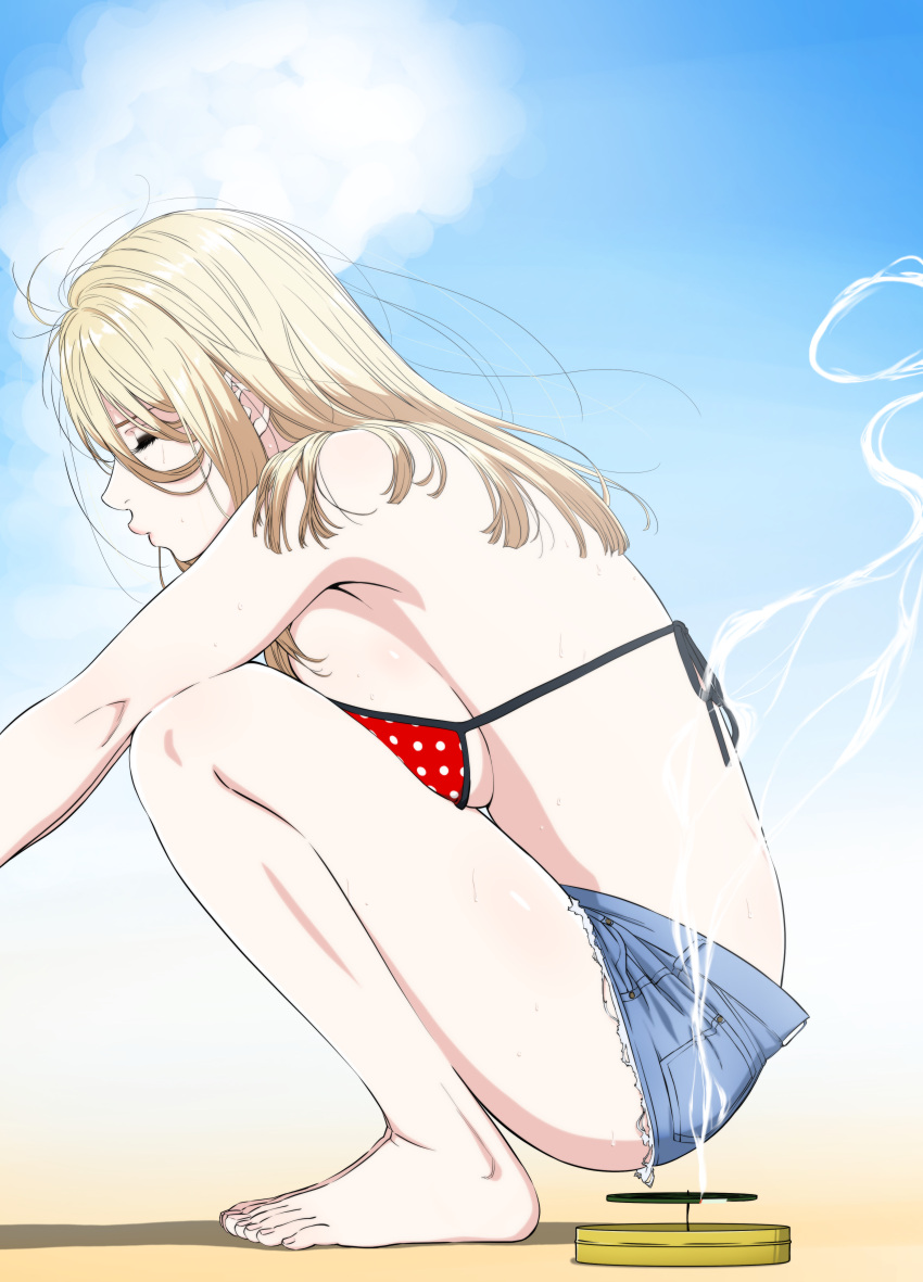 1girl absurdres bikini bikini_top blonde_hair blue_sky breasts closed_eyes clouds denim from_side highres kakitama long_hair medium_breasts mosquito_coil original outdoors outstretched_arms polka_dot polka_dot_bikini red_bikini shadow short_shorts shorts sky smoke solo squatting swimsuit toes