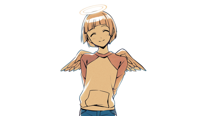 1girl ^_^ angel angel_wings arms_behind_back asada_hachi bangs banned_artist blue_pants blunt_bangs closed_eyes closed_mouth commentary facing_viewer feathered_wings haibane_renmei halo happy highres kuu_(haibane) limited_palette long_sleeves mini_wings pants raglan_sleeves shiny shiny_hair shirt short_hair simple_background smile solo standing twitter_username watermark white_background wings