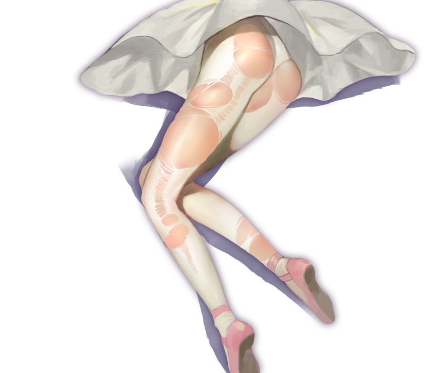 1girl ass head_out_of_frame lower_body original pantyhose pink_footwear shoes simple_background skirt solo torn_clothes torn_legwear white_background white_legwear white_skirt yd_(orange_maru)
