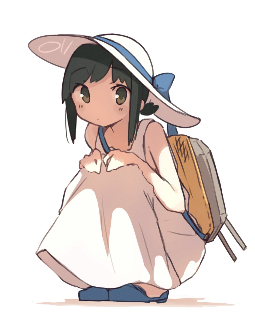 1girl alternate_costume bare_arms bare_shoulders black_hair blue_footwear blush closed_mouth dress eyebrows_visible_through_hair fubuki_(kancolle) full_body green_eyes hat highres kantai_collection long_hair ma_rukan shoes short_ponytail signature simple_background solo sundress white_background white_dress white_headwear