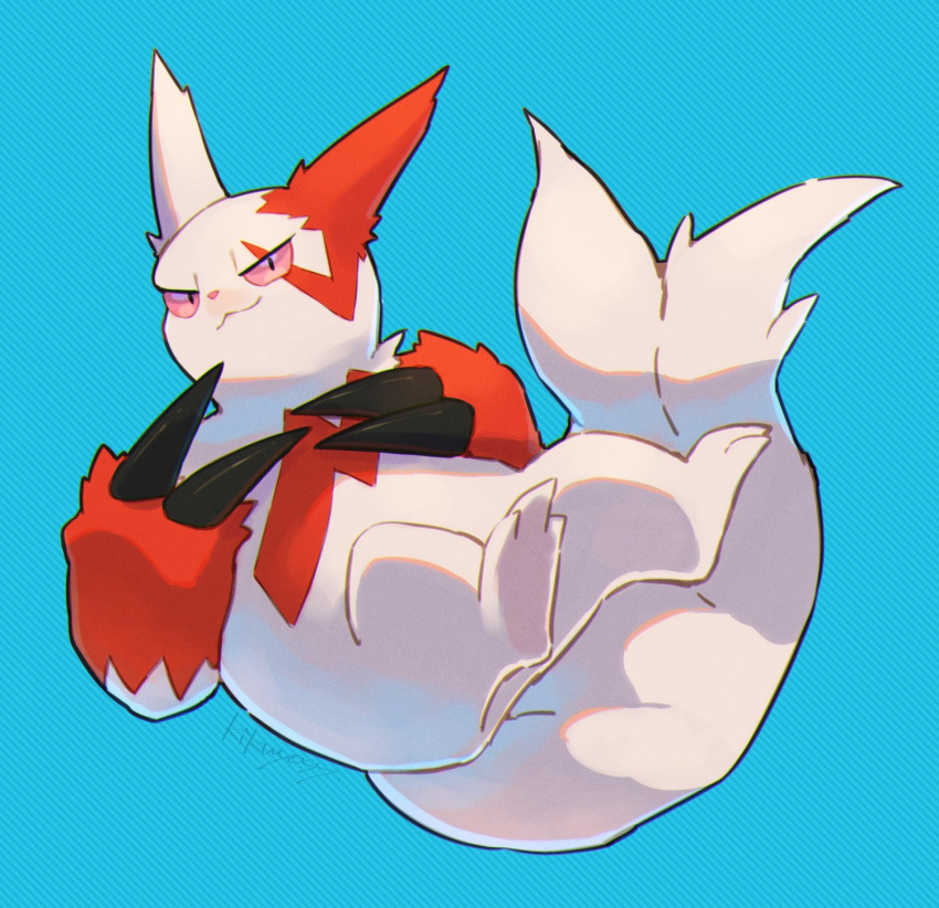 blue_background claws closed_mouth commentary_request full_body gen_3_pokemon highres kikuyoshi_(tracco) looking_at_viewer pink_eyes pokemon pokemon_(creature) signature smile solo white_fur zangoose