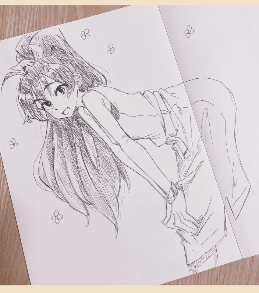1girl anjerain bangs bent_over bracelet dress flat_chest flower ganaha_hibiki graphite_(medium) greyscale hair_behind_ear hands_on_own_knees highres idolmaster idolmaster_(classic) jewelry long_hair looking_at_viewer monochrome photo_(medium) ponytail smile solo traditional_media