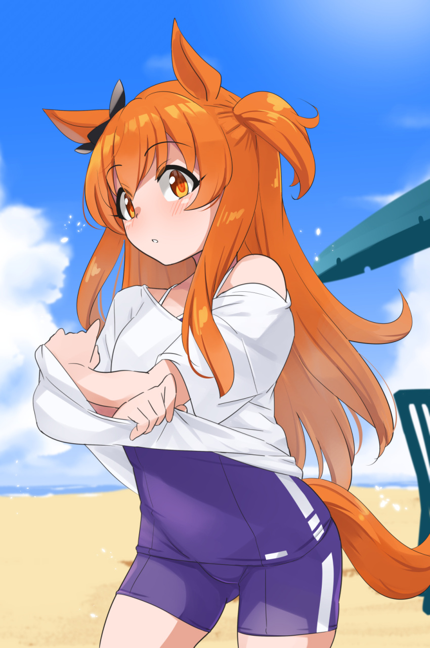 1girl animal_ears bangs beach beach_chair beach_umbrella black_ribbon blue_swimsuit clothes_lift competition_school_swimsuit ear_bow eyebrows_visible_through_hair highres horse_ears horse_girl horse_tail lifted_by_self long_hair looking_at_viewer mayano_top_gun_(umamusume) ocean orange_eyes orange_hair outdoors ribbon sand shirt_lift solo swimsuit swimsuit_under_clothes tail twintails two_side_up umamusume umbrella yuuichi_(reductionblack)