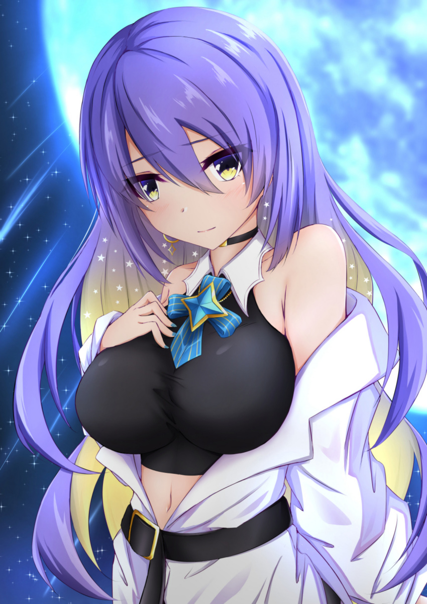 bare_shoulders belt black_belt black_choker black_shirt blonde_hair breasts choker collared_shirt eyebrows_visible_through_hair hand_on_own_chest highres hololive hololive_indonesia jacket large_breasts long_hair looking_at_viewer moezi moona_hoshinova multicolored_hair off_shoulder purple_hair shirt sleeveless sleeveless_shirt solo two-tone_hair violet_eyes virtual_youtuber