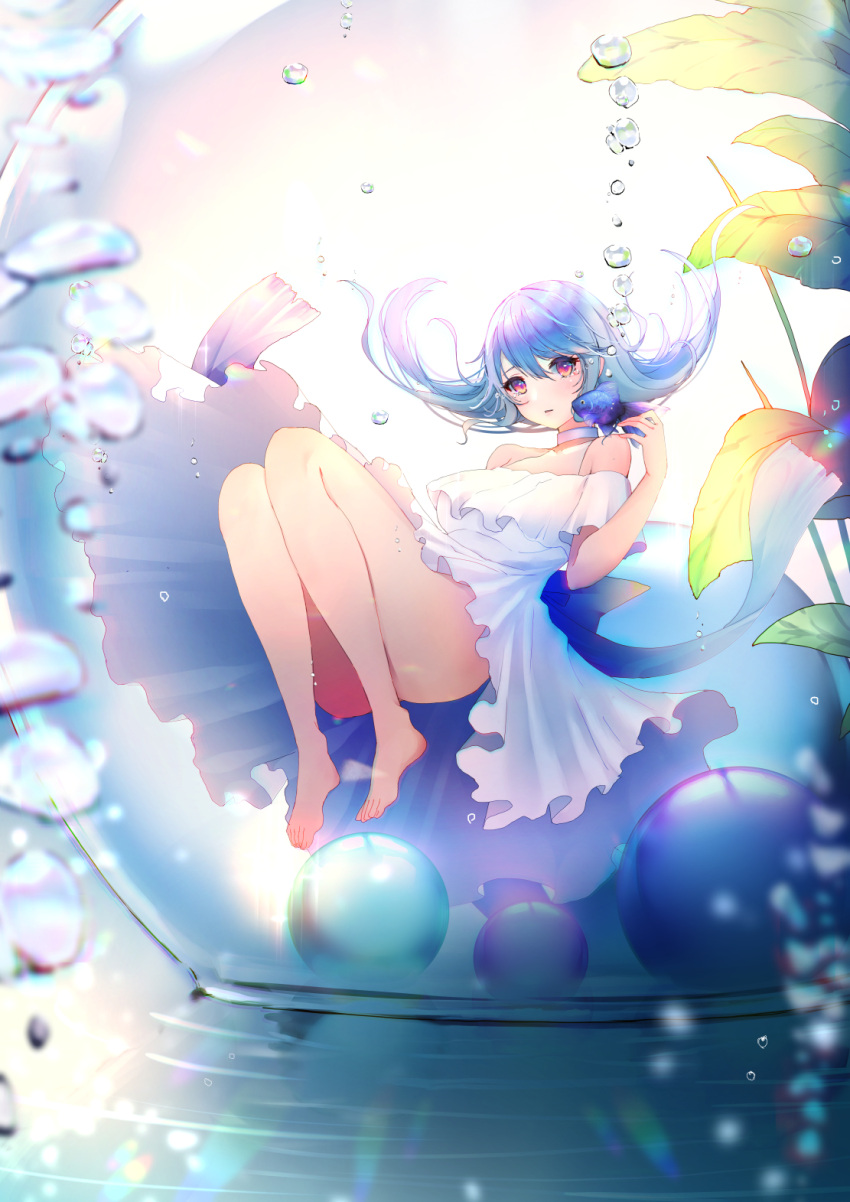1girl air_bubble barefoot blue_hair bubble chitose_mame choker crying crying_with_eyes_open dress fish full_body goldfish highres long_hair off-shoulder_dress off_shoulder original short_sleeves spaghetti_strap sundress tearing_up tears underwater white_choker white_dress