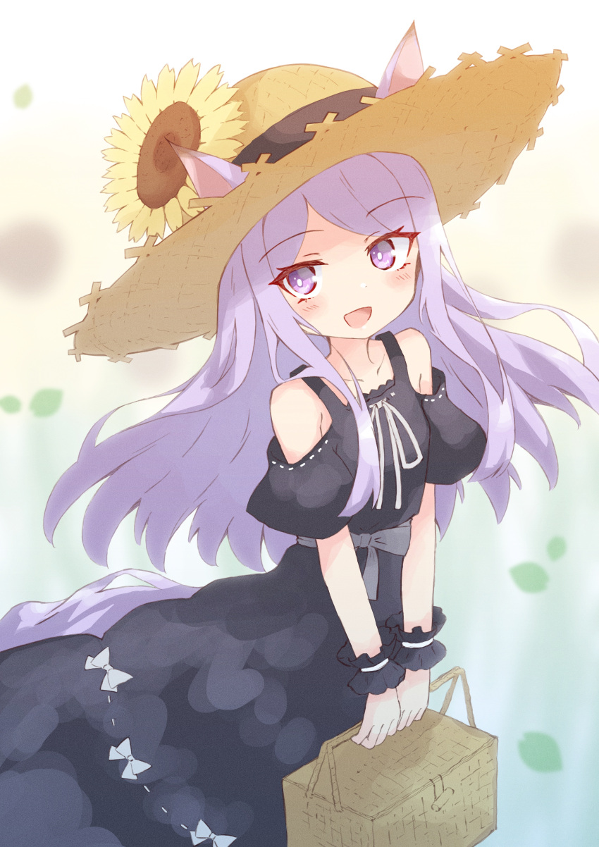 1girl :d absurdres animal_ears bangs basket black_dress blurry blurry_background blush brown_headwear clothing_cutout commentary_request depth_of_field dress ears_through_headwear eyebrows_visible_through_hair flower hat hat_flower highres holding holding_basket horse_ears horse_girl horse_tail ichi long_hair mejiro_mcqueen_(umamusume) open_mouth puffy_short_sleeves puffy_sleeves purple_hair short_sleeves shoulder_cutout smile solo straw_hat sunflower swept_bangs tail umamusume violet_eyes yellow_flower