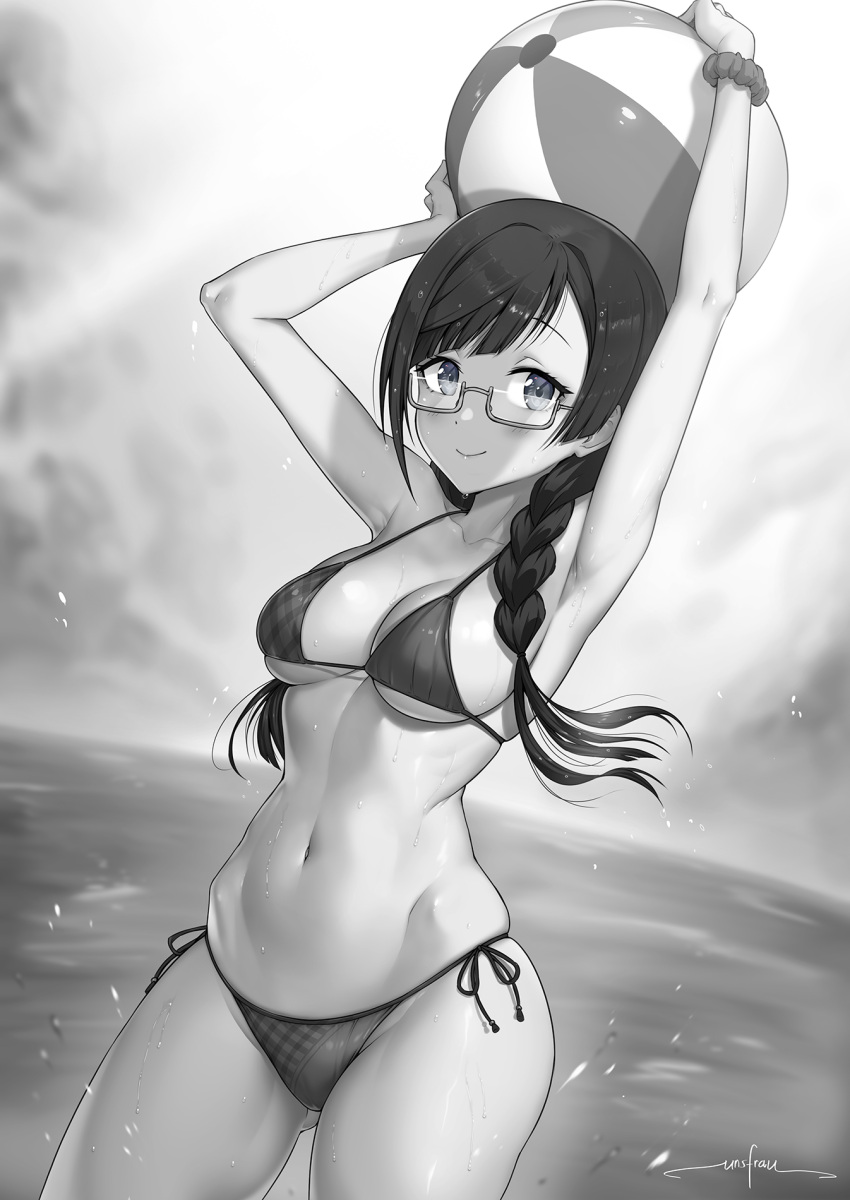 1girl armpits arms_up artist_name ass_visible_through_thighs ball bangs beachball bikini blush braid breasts closed_mouth collarbone commentary_request cowboy_shot flower glasses greyscale hair_flower hair_ornament highres large_breasts long_hair looking_at_viewer love_live! love_live!_nijigasaki_high_school_idol_club mixed-language_commentary monochrome navel ocean outdoors scrunchie semi-rimless_eyewear side-tie_bikini signature skindentation smile solo stomach swept_bangs swimsuit twin_braids under-rim_eyewear unsfrau water wide_hips wrist_scrunchie yuuki_setsuna_(love_live!)