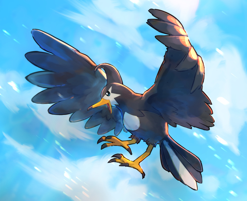 bird clouds commentary_request day full_body gen_4_pokemon highres kikuyoshi_(tracco) no_humans open_mouth outdoors pokemon pokemon_(creature) sky solo staravia talons