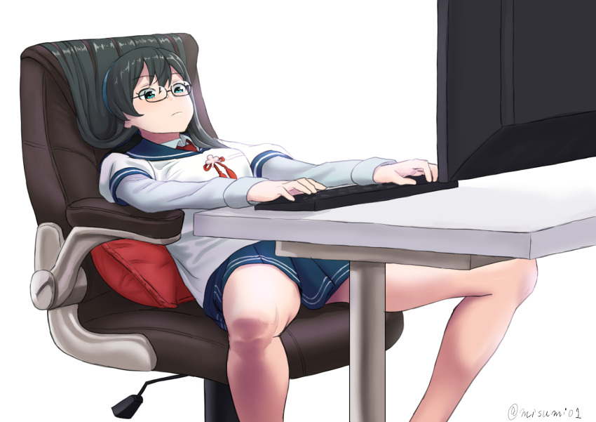 1girl bangs black_hair blue_eyes blue_hairband blue_sailor_collar blue_skirt breasts chair closed_mouth commentary_request cushion glasses hairband highres kantai_collection keyboard_(computer) leaning_back long_hair long_sleeves medium_breasts misumi_(niku-kyu) monitor office_chair ooyodo_(kancolle) pleated_skirt red_neckwear sailor_collar school_uniform serafuku simple_background sitting skirt solo spread_legs table twitter_username white_background
