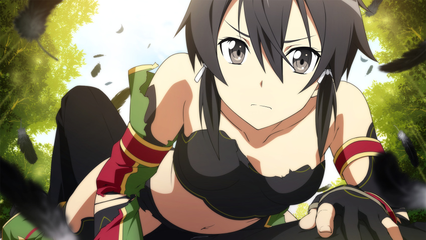 1girl black_eyes black_hair collarbone day detached_sleeves game_cg hair_ribbon highres looking_at_viewer navel official_art outdoors ribbon sinon sinon_(sao:hf) solo sword_art_online sword_art_online:_hollow_fragment torn_clothes white_ribbon
