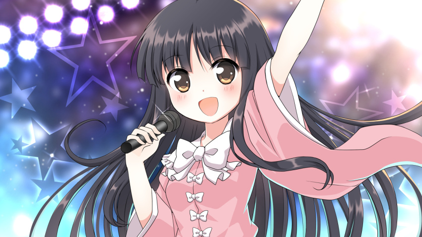 1girl arm_up bangs black_hair blouse blue_background blurry blurry_background blush bow bowtie breasts brown_eyes collar eyebrows_visible_through_hair flashlight hands_up houraisan_kaguya light long_hair long_sleeves looking_at_viewer medium_breasts microphone multicolored multicolored_background open_mouth pink_blouse purple_background smile solo star_(symbol) starry_background touhou usagi_koushaku white_bow white_neckwear wide_sleeves yellow_background