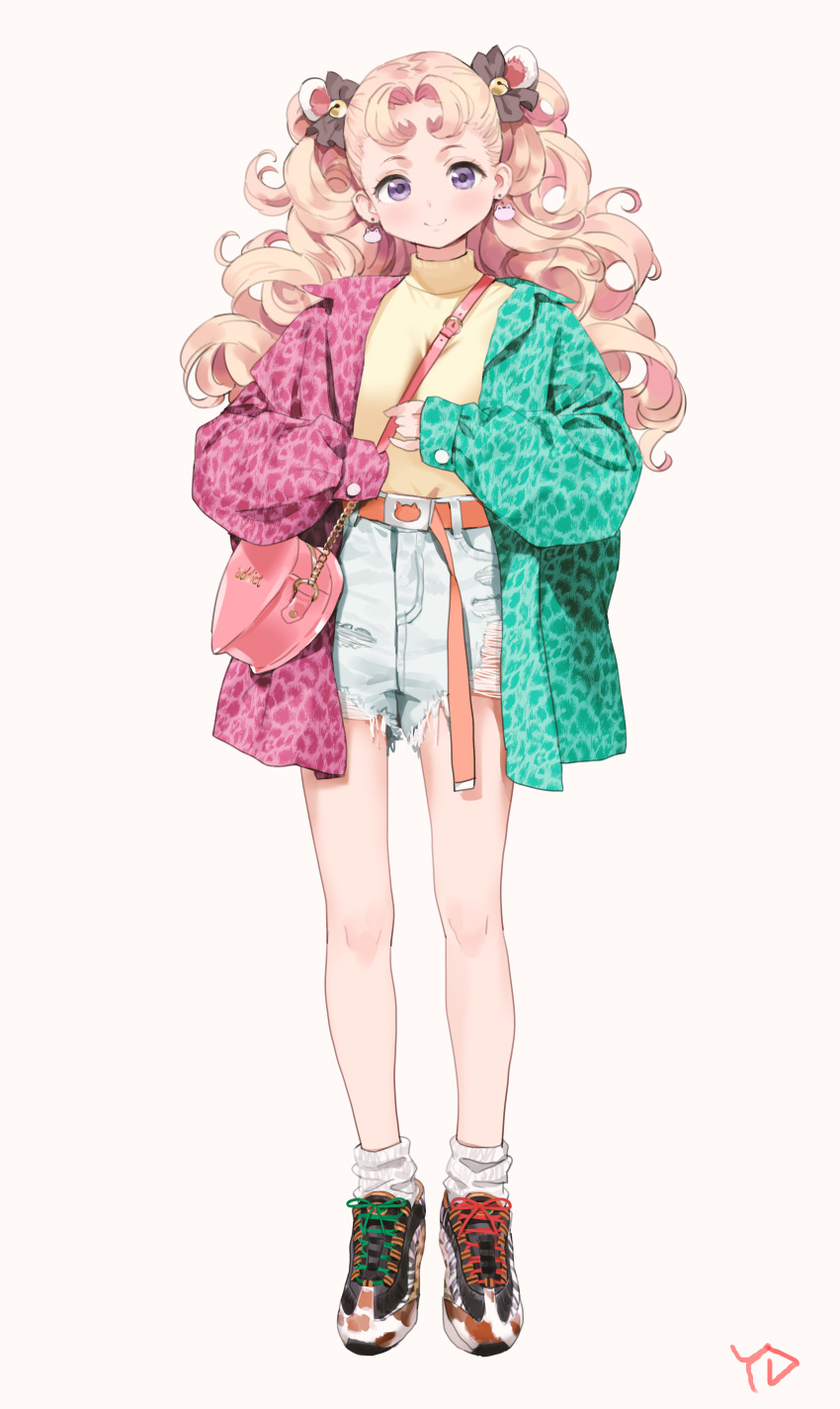 1girl absurdres animal_ears bag bangs bell between_breasts blonde_hair blue_shorts bow breasts closed_mouth curly_hair earrings full_body green_jacket hair_bell hair_bow hair_ornament highres jacket jewelry jingle_bell long_hair looking_at_viewer multicolored multicolored_clothes multicolored_jacket open_clothes open_jacket orange_belt original parted_bangs pink_jacket shoes short_shorts shorts shoulder_bag simple_background smile sneakers socks solo standing strap_between_breasts sweater torn_clothes torn_shorts violet_eyes white_background white_legwear yd_(orange_maru) yellow_sweater