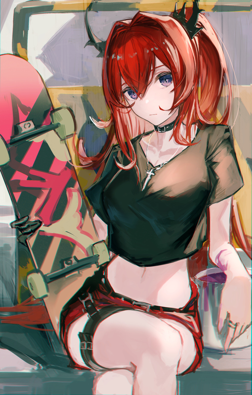 1girl absurdres arknights bangs belt belt_collar black_shirt collar commentary_request cropped_shirt cross cross_necklace crossed_legs hair_between_eyes hair_intakes highres holding_skateboard horns jewelry kyara-suro long_hair looking_at_viewer midriff navel necklace ponytail red_shorts redhead shirt short_shorts short_sleeves shorts sitting solo surtr_(arknights) surtr_(liberte_echec)_(arknights) t-shirt violet_eyes