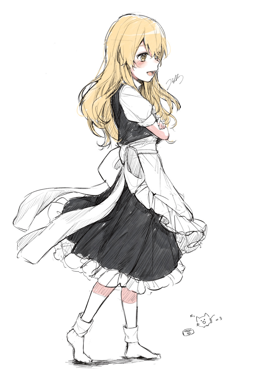 1girl animal animal_ears apron artist_name bangs black_dress blonde_hair blush bow cat cat_ears crossed_arms dress eyebrows_visible_through_hair hair_between_eyes highres jill_07km kirisame_marisa long_hair looking_to_the_side no_hat no_headwear open_mouth puffy_short_sleeves puffy_sleeves shirt short_sleeves simple_background sketch smile socks solo standing touhou white_apron white_background white_bow white_legwear white_shirt white_sleeves yellow_eyes