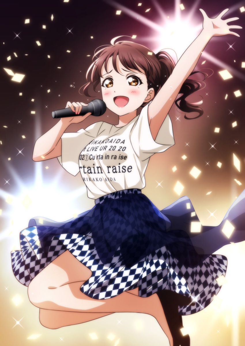 1girl ahoge aida_rikako arm_up bangs birthday blue_skirt blush breasts brown_hair commentary_request highres holding holding_microphone kougi_hiroshi long_hair medium_breasts microphone ponytail real_life shirt short_sleeves skirt solo tears voice_actor white_shirt yellow_eyes