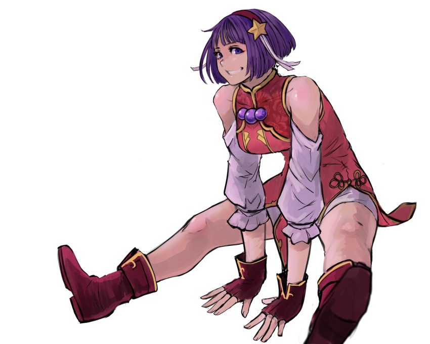 1girl 6maker asamiya_athena blush breasts earrings fingerless_gloves gloves hair_ornament hairband highres jewelry looking_at_viewer purple_hair red_hairband short_hair simple_background smile snk solo star_(symbol) star_hair_ornament the_king_of_fighters the_king_of_fighters_xv thighs violet_eyes