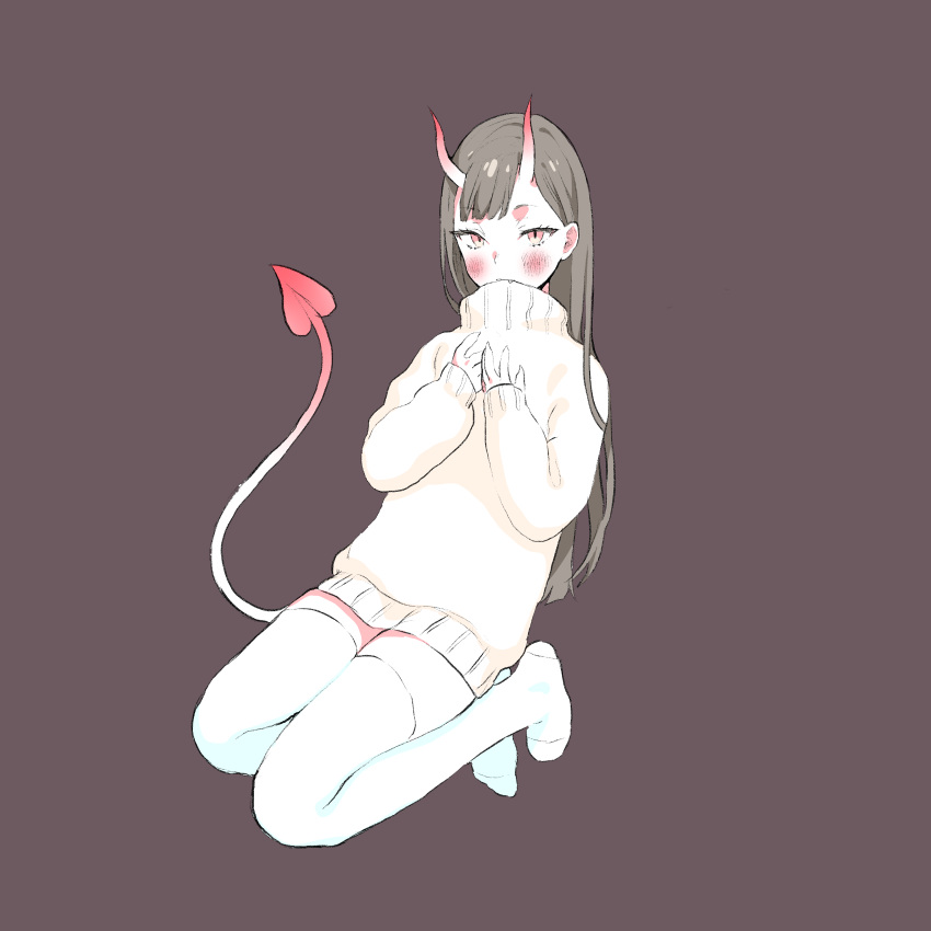 1girl absurdres bangs beige_sweater biting biting_clothes blush bomhat brown_background brown_hair commentary demon_girl demon_horns demon_tail english_commentary eyebrows_visible_through_hair full_body hands_up highres horns long_hair long_sleeves looking_at_viewer no_shoes original pale_skin pink_eyes simple_background sleeves_past_wrists slit_pupils solo sweater tail thigh-highs turtleneck turtleneck_sweater white_legwear zettai_ryouiki