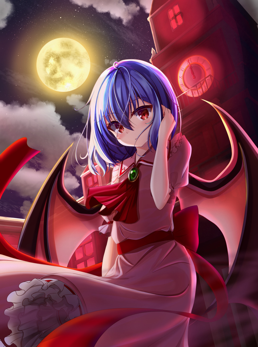 1girl absurdres apron bat_wings blush brooch clock clock_tower commentary_request dress eyebrows_visible_through_hair frilled_dress frilled_shirt_collar frills from_below full_body hair_behind_ear hair_between_eyes highres huge_filesize jewelry looking_at_viewer medium_hair moon night no_hat no_headwear outdoors parted_lips pink_dress puffy_short_sleeves puffy_sleeves red_eyes red_neckwear red_sash remilia_scarlet sash scarlet_devil_mansion short_sleeves sky solo standing star_(sky) starry_sky syo03 touhou tower wind wings yellow_moon