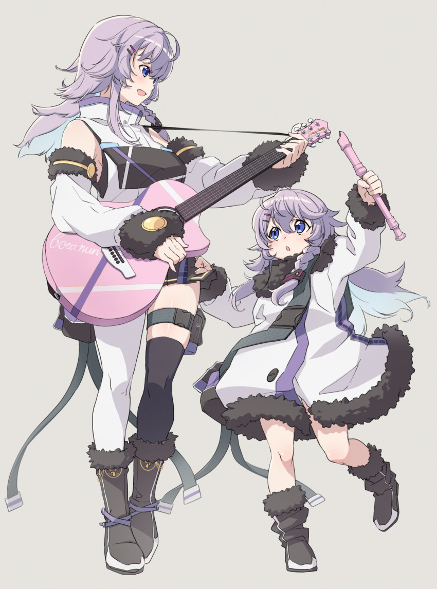 2girls adapted_costume black_footwear blue_hair boots braid colored_inner_hair detached_sleeves fur_trim guitar hair_ornament hairclip highres holding holding_instrument instrument jacket long_hair multicolored_hair multiple_girls music nijisanji nijisanji_kr nun_bora open_mouth playing_instrument purple_hair purple_jacket recorder ruo single_legging single_thighhigh sleeveless sleeveless_jacket smile thigh-highs thigh_strap virtual_youtuber younger