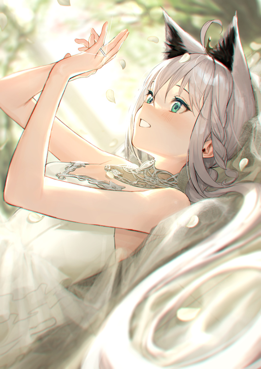 absurdres ahoge animal_ears arms_up bangs bare_shoulders blurry blurry_background braid commentary_request detached_collar dress eyebrows_visible_through_hair fox_ears fox_girl green_eyes hair_between_eyes highres hololive jewelry long_hair looking_at_hands lying on_back petals ring shirakami_fubuki sidelocks single_braid sleeveless sleeveless_dress strapless strapless_dress takubon virtual_youtuber white_dress white_hair