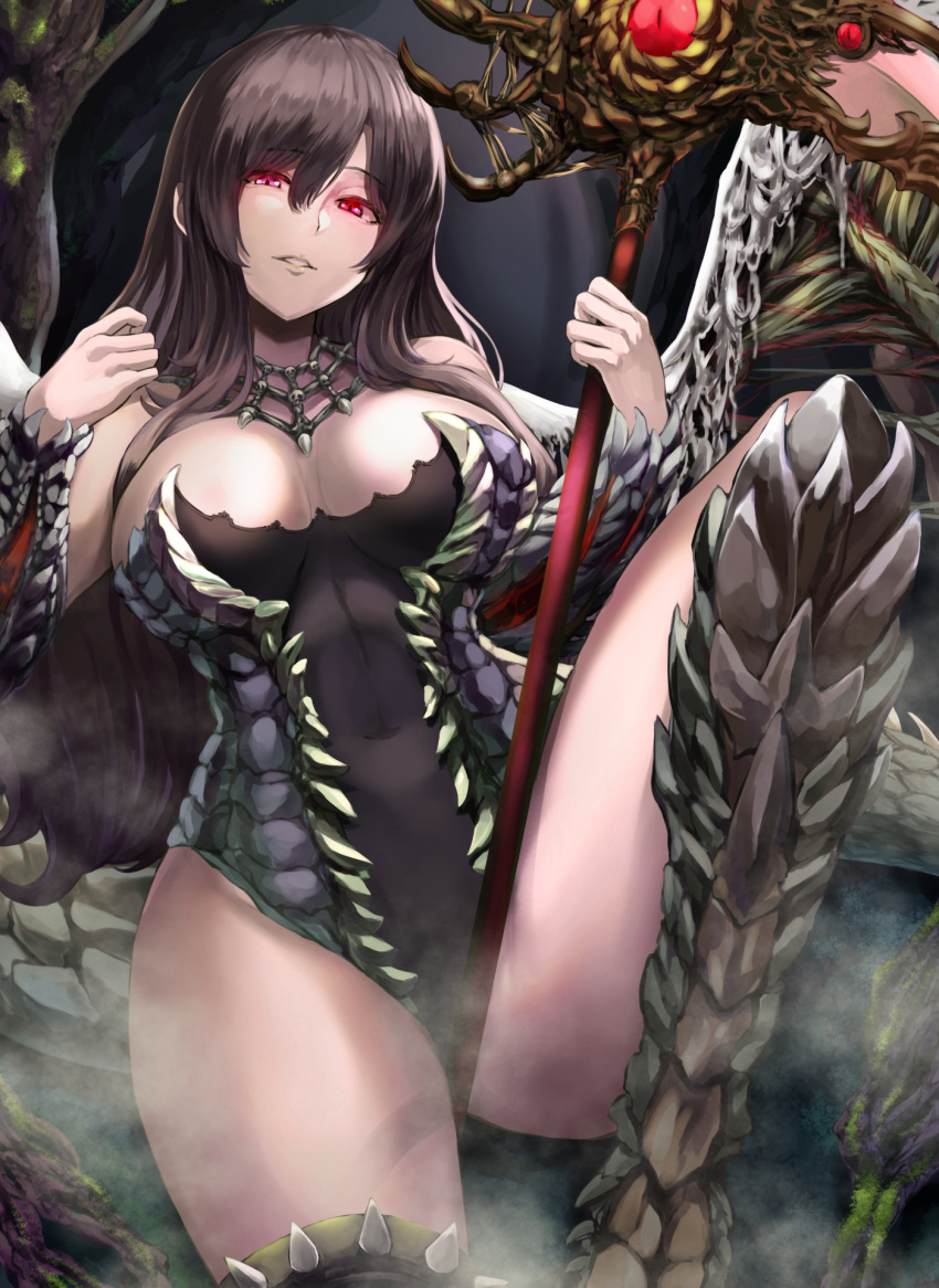 1girl brown_hair covered_navel eyebrows_visible_through_hair greaves hair_between_eyes highres holding holding_weapon indoors jojobirdz long_hair looking_at_viewer monster_girl monster_hunter_(series) parted_lips personification red_eyes scythe shaded_face silk sitting solo spider_web spiked_legwear spikes steam tail vaal_hazak vambraces weapon