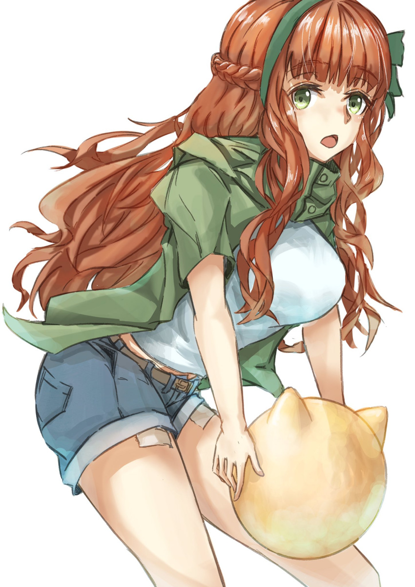 1girl alternate_costume ball bangs blue_shorts blunt_bangs braid casual cowboy_shot de_ruyter_(kancolle) denim denim_shorts green_eyes green_hairband green_shirt hairband highres holding hooded_shirt kantai_collection long_hair one-hour_drawing_challenge open_mouth redhead shirt shorts side_braid simple_background solo tonke white_background white_shirt