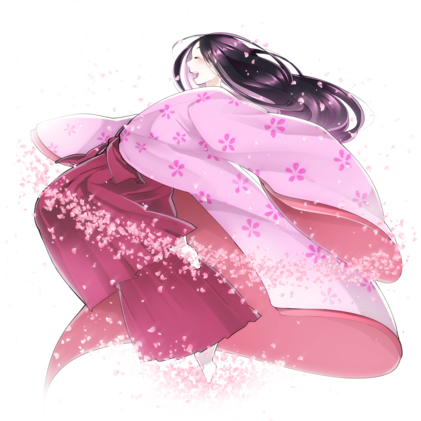 1girl black_hair closed_eyes eyelashes facing_away floating_hair floral_print foot_up from_side full_body hakama happy highres japanese_clothes kaguya-hime_no_monogatari kaguya_hime kimono laughing light_blush long_hair naruto_maki open_mouth pale_skin petals pink_kimono profile red_hakama running shiny shiny_hair simple_background sleeves_past_fingers sleeves_past_wrists socks solo straight_hair teeth upper_teeth white_background white_legwear wide_sleeves