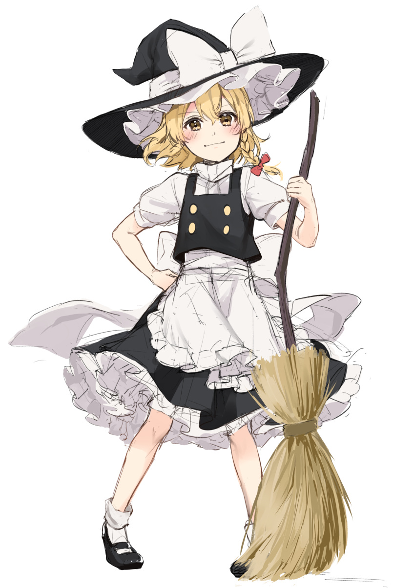 1girl absurdres apron bangs black_dress black_footwear black_headwear blonde_hair blush bow braid broom buttons closed_mouth dress eyebrows_visible_through_hair frills hair_between_eyes hair_bow hand_on_hip hand_up hat hat_bow highres jill_07km kirisame_marisa looking_at_viewer puffy_short_sleeves puffy_sleeves red_bow shirt shoes short_hair short_sleeves simple_background single_braid sketch smile socks solo standing touhou white_apron white_background white_bow white_legwear white_shirt white_sleeves witch_hat yellow_eyes