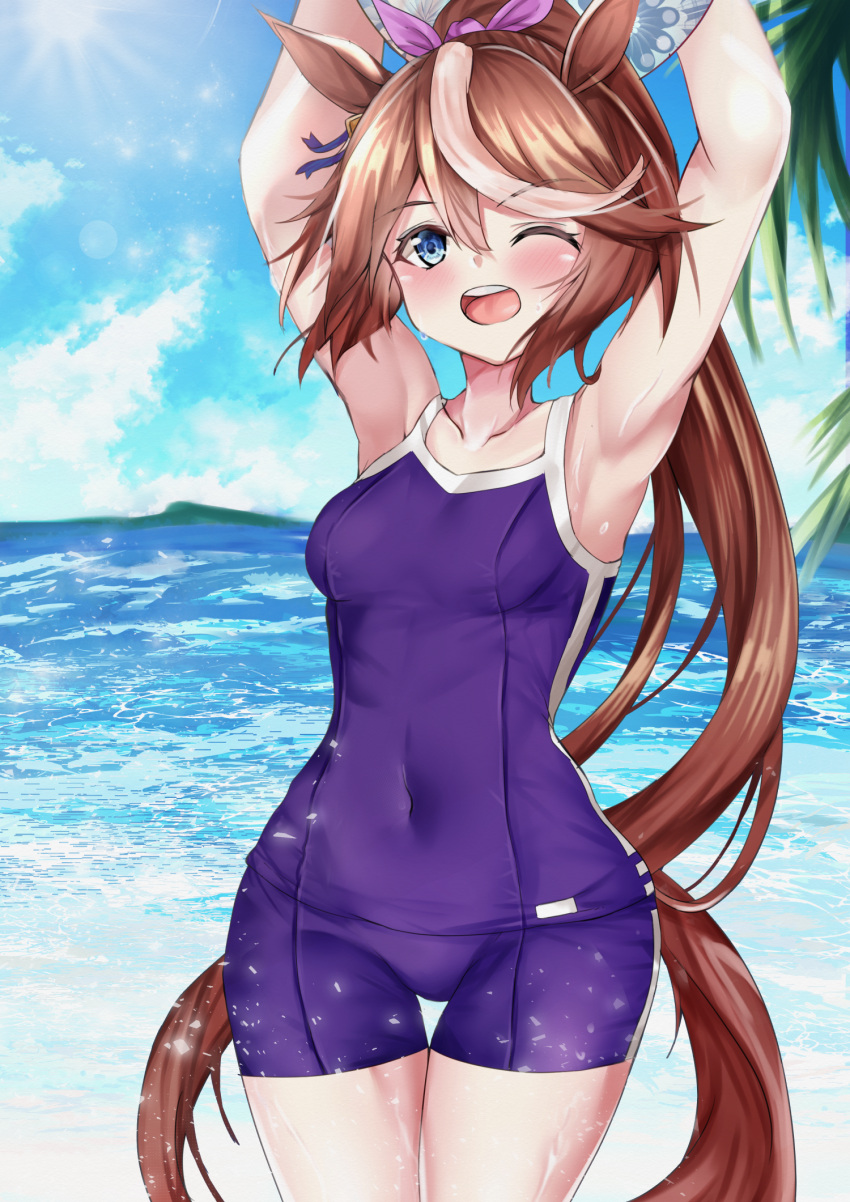 1girl ;d animal_ears arms_up ball beachball blue_sky blush breasts brown_hair clouds collarbone commentary_request covered_navel day hair_ribbon high_ponytail highres horse_ears horse_girl horse_tail long_hair multicolored_hair ocean one-piece_swimsuit one_eye_closed open_mouth outdoors pink_ribbon ponytail purple_sweater ribbon setu_(shining12) sky small_breasts smile solo streaked_hair sun sunlight sweater swimsuit tail thigh_gap tokai_teio_(umamusume) umamusume upper_teeth very_long_hair water wide_hips