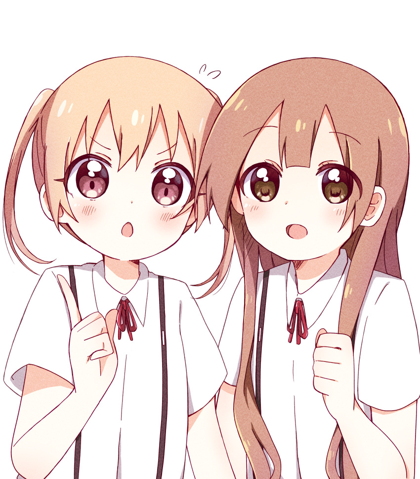 2girls :d :o absurdres bangs blush brown_eyes brown_hair clenched_hand collared_shirt commentary_request eyebrows_visible_through_hair flying_sweatdrops hand_up happy highres index_finger_raised light_brown_hair long_hair looking_at_viewer mesushio multiple_girls neck_ribbon oomuro-ke oomuro_hanako open_mouth red_neckwear red_ribbon ribbon school_uniform shiny shiny_hair shirt simple_background smile split_mouth suspenders takasaki_misaki_(yuru_yuri) twintails upper_body very_long_hair white_background white_shirt yuru_yuri