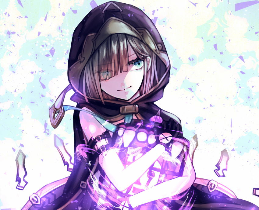 1boy bangs black_gloves brown_hair brown_hood cage closed_mouth gloves glowing green_eyes gretel_(sinoalice) hair_between_eyes hansel_(sinoalice) highres looking_at_viewer looking_to_the_side otoko_no_ko short_hair simple_background sinoalice sleeveless smile solo towada-san_(thank39) white_background