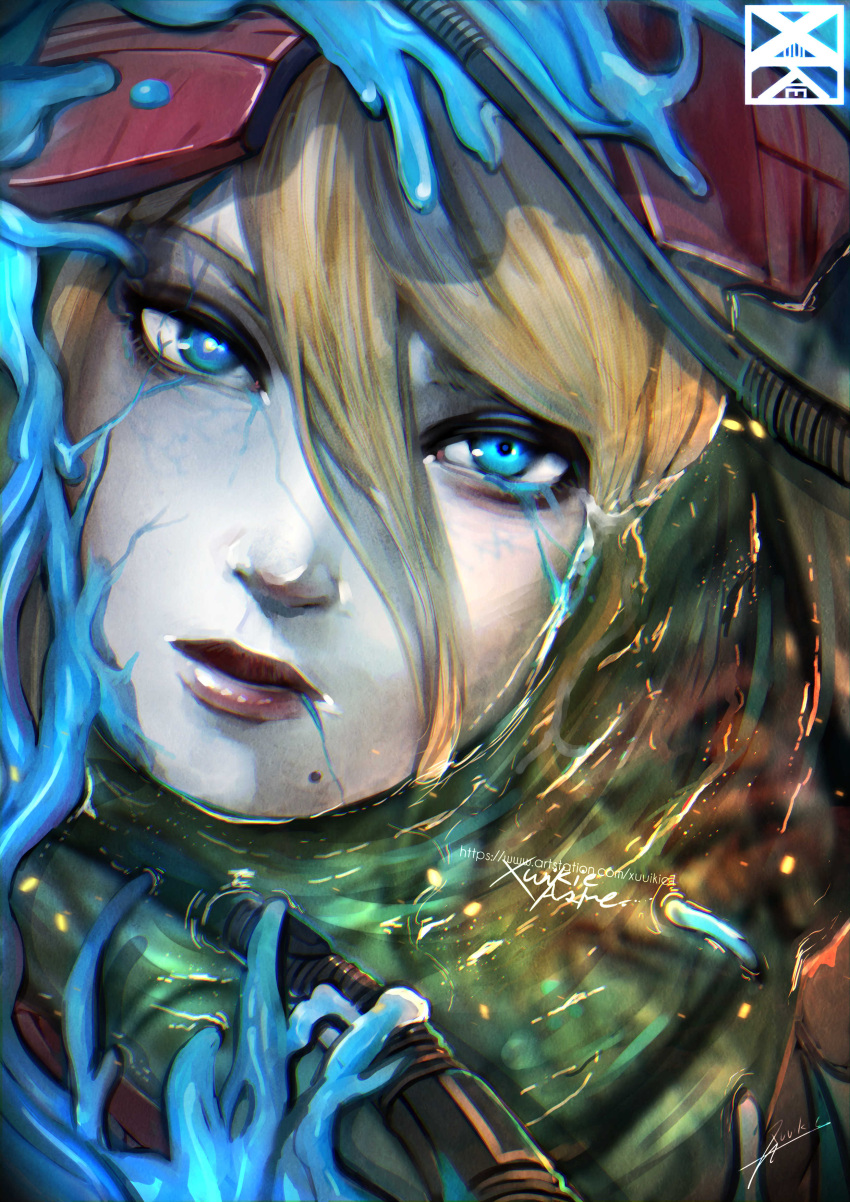 1girl absurdres artstation_username blonde_hair blue_eyes broken_helmet close-up face highres looking_at_viewer metroid metroid_prime_3:_corruption mole mole_under_mouth phazon samus_aran signature submerged veins watermark web_address xuuikie_ashe