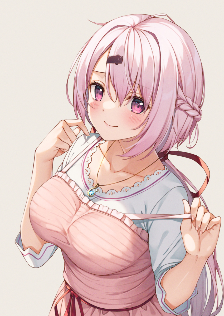 1girl apron bangs blush braid breasts closed_mouth collarbone commentary_request eyebrows_visible_through_hair frilled_apron frills grey_background hair_between_eyes hair_ornament hair_ribbon hairclip hands_up highres jewelry long_sleeves looking_at_viewer low_ponytail medium_breasts nijisanji pendant pink_apron pink_hair ponytail red_ribbon ribbon shiina_yuika shirt simple_background smile solo violet_eyes virtual_youtuber white_shirt yuuri_nayuta