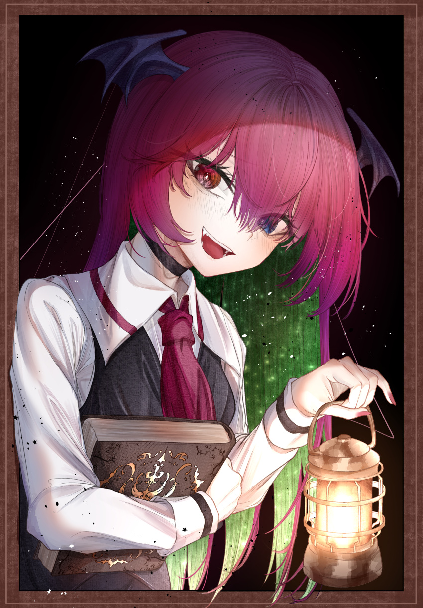 1girl :d absurdres ascot black_choker blue_eyes book border bright_pupils choker collared_shirt dark_background diudada eyebrows_visible_through_hair eyes_visible_through_hair hair_between_eyes head_tilt head_wings heterochromia highres hito_komoru_(style) holding holding_book huge_filesize koakuma light_particles long_hair long_sleeves looking_at_viewer nail_polish open_mouth pink_nails red_eyes red_neckwear redhead shirt simple_background smile solo star_(symbol) touhou white_shirt wing_collar