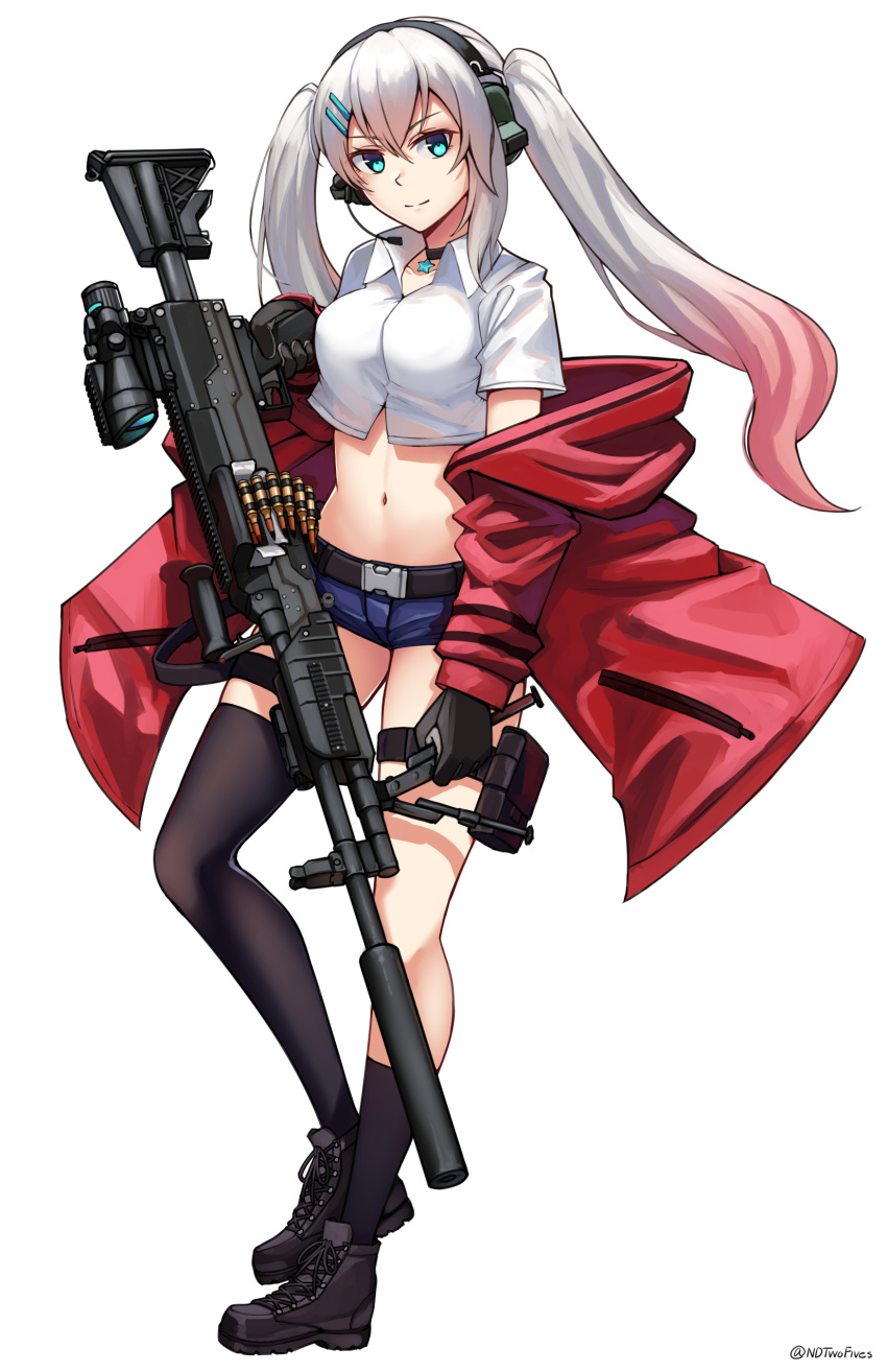 1girl absurdres bangs black_choker black_footwear black_gloves black_legwear blue_eyes blue_shorts breasts choker closed_mouth collarbone collared_shirt commentary_request crop_top dress_shirt eyebrows_visible_through_hair full_body general_dynamics_lwmmg girls_frontline gloves gradient_hair gun hair_between_eyes hair_ornament hairclip headphones headset highres holding holding_gun holding_weapon hood hood_down hooded_jacket jacket long_hair long_sleeves looking_at_viewer lwmmg_(girls_frontline) medium_breasts midriff multicolored_hair navel ndtwofives off_shoulder open_clothes open_jacket pink_hair red_jacket shirt shoes short_shorts shorts simple_background single_sock single_thighhigh smile socks solo thigh-highs twintails twitter_username very_long_hair weapon white_background white_hair white_shirt