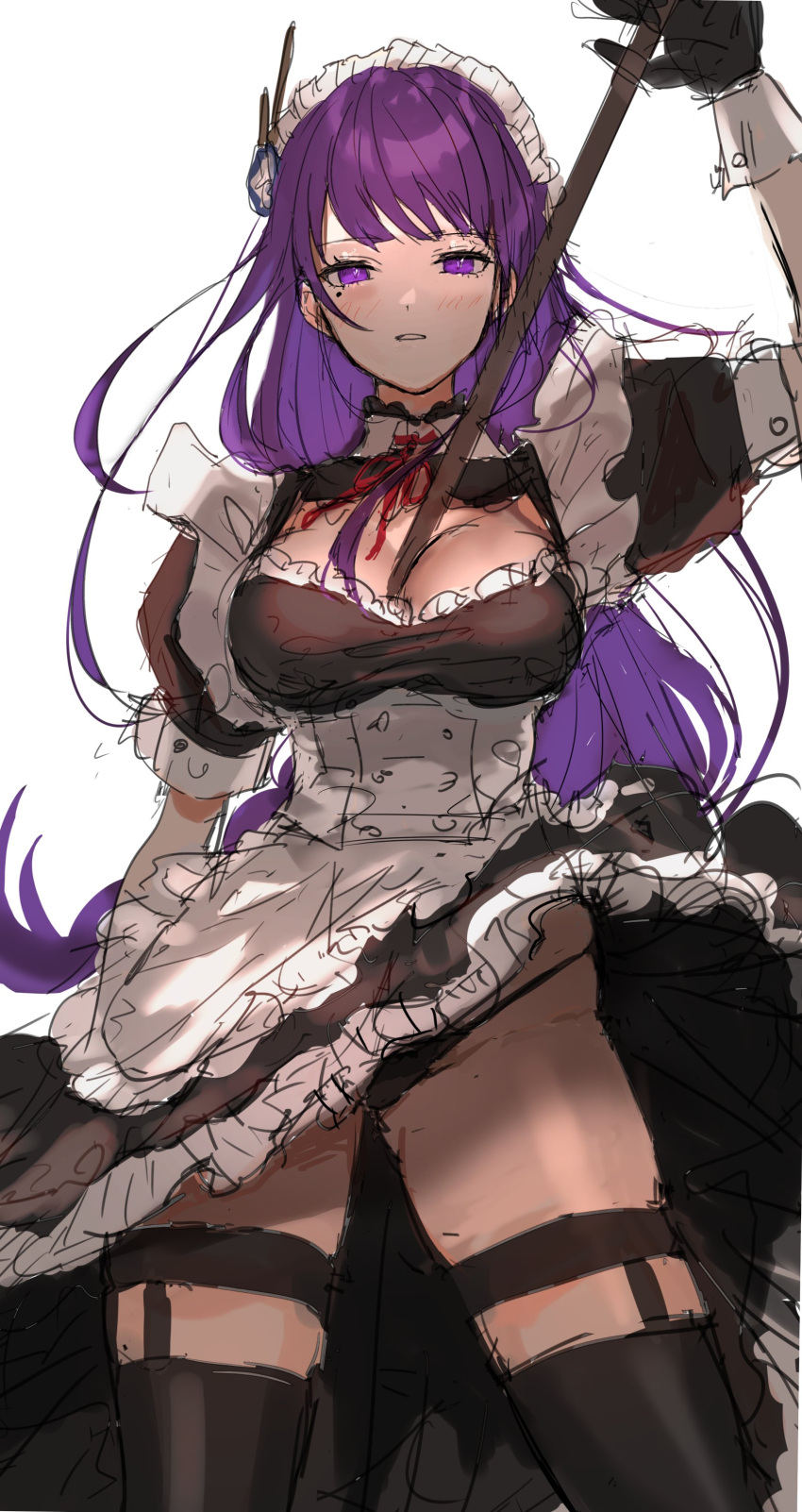 1girl absurdres alternate_costume apron arm_up bangs between_breasts black_dress black_gloves black_legwear black_panties blush breasts dress enmaided frilled_dress frills genshin_impact gloves hair_ornament highres large_breasts long_hair maid maid_headdress mole mole_under_eye panties pantyshot parted_lips purple_hair raiden_(genshin_impact) red_neckwear short_sleeves simple_background solo thigh-highs underwear violet_eyes weapon white_apron white_background work_in_progress yavalley