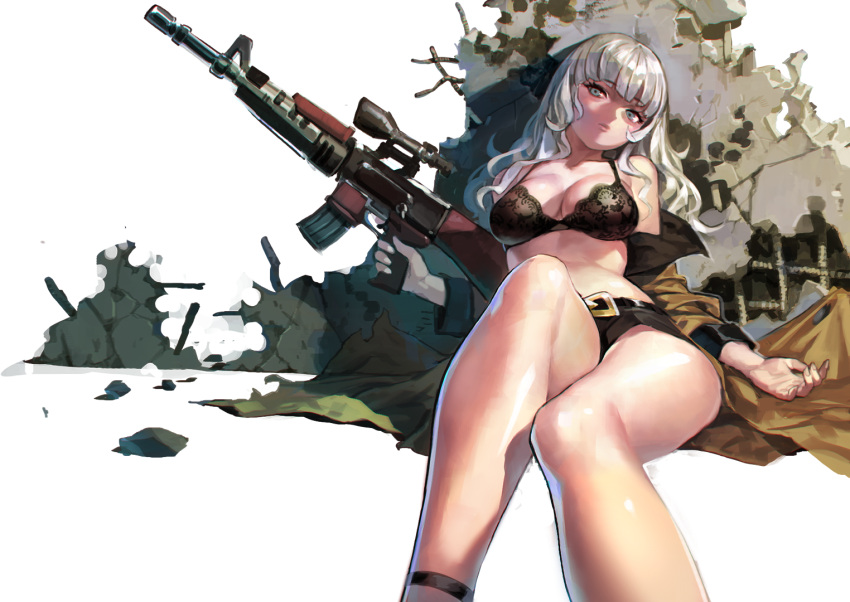 1girl belt black_bra black_shorts bra breasts closed_mouth coat copyright_request fingernails grey_eyes grey_hair gun holding holding_gun holding_weapon large_breasts long_hair looking_at_viewer lying on_back open_clothes open_coat reclining rifle scope short_shorts shorts solo transparent_background underwear weapon yd_(orange_maru) yellow_coat