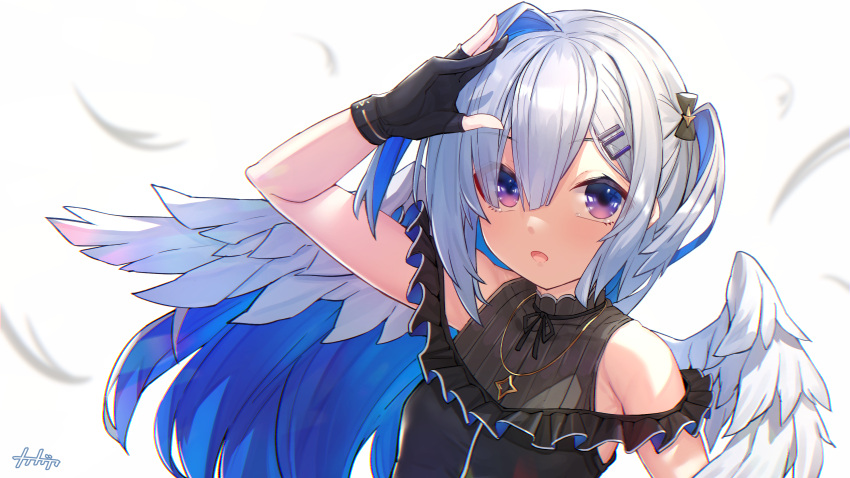 1girl absurdres amane_kanata angel_wings arm_up armpit_crease arpeggio_kaga blue_hair colored_inner_hair eyebrows_visible_through_hair eyes_visible_through_hair feathers fingerless_gloves frills gloves hair_intakes hair_ornament hairclip highres hololive jewelry multicolored_hair necklace open_mouth silver_hair sleeveless solo two_side_up upper_body violet_eyes virtual_youtuber wings