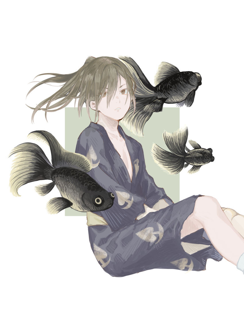 1boy ;p androgynous animal bangs blue_kimono bomhat brown_eyes brown_hair collarbone commentary dororo_(tezuka) feet_out_of_frame green_background highres hyakkimaru_(dororo) japanese_clothes kimono koi long_hair long_sleeves male_focus one_eye_closed oversized_animal pale_skin parted_lips ponytail solo tongue tongue_out two-tone_background white_background