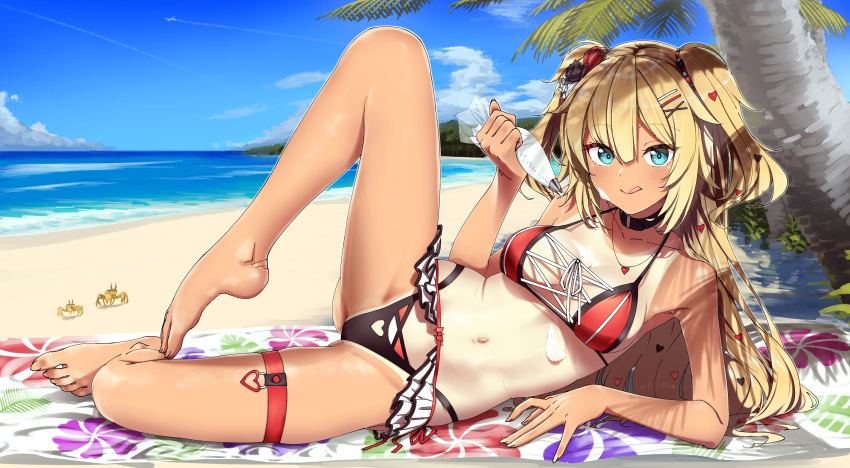 1girl :q absurdres akai_haato armpit_crease ass_visible_through_thighs bare_arms bare_legs bare_shoulders barefoot beach bikini bikini_bottom bikini_top blonde_hair blue_eyes blue_sky bow choker clouds collarbone commentary_request crab cream_on_body day eyebrows_visible_through_hair hair_bow hair_ornament hairclip heart heart_necklace highleg highleg_bikini highleg_swimsuit highres hololive licking_lips long_hair lying midriff navel ocean on_side one-piece_tan outdoors palm_tree pastry_bag sand shinomu_(cinomoon) simple_background sky smile spread_legs swimsuit tan tanlines tongue tongue_out tree two_side_up virtual_youtuber