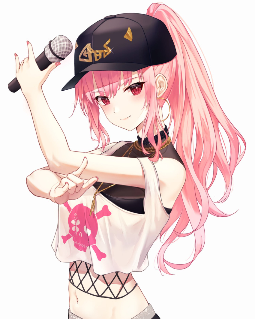1girl \n/ bangs breasts chain closed_mouth crop_top double_\n/ gold_chain hair_through_headwear hands_up hat highres holding holding_microphone hololive hololive_english jewelry long_hair looking_at_viewer microphone midriff mori_calliope navel necklace official_alternate_costume pink_hair ponytail red_eyes shands simple_background skull_and_crossbones skull_print solo strap_slip upper_body virtual_youtuber white_background