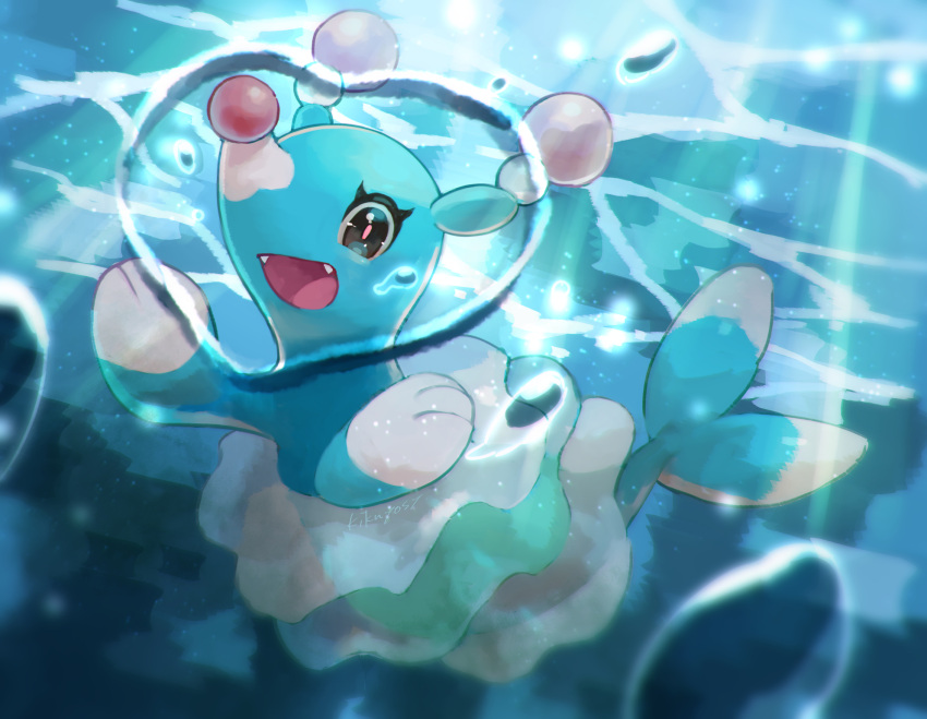 :d air_bubble brionne bubble commentary_request fangs gen_7_pokemon heart highres kikuyoshi_(tracco) no_humans open_mouth pink_pupils pokemon pokemon_(creature) smile solo tongue underwater