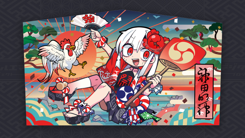 1girl :d arm_up asa_no_ha_(pattern) bird chicken clothes_writing clothing_request collarbone commentary_request confetti egasumi grey_background hair_between_eyes hair_ornament hand_fan hands_up highres holding holding_fan japanese_clothes knees_up kouhaku_nawa looking_at_viewer medium_hair mitsudomoe_(shape) open_mouth original outstretched_arm paper_fan platform_footwear red_eyes red_sun rooster sayagata slit_pupils smile solo sunburst terada_tera tomoe_(symbol) translation_request uchiwa white_bird white_hair wide_sleeves zouri