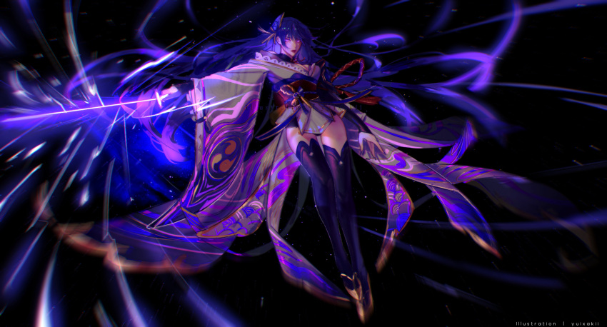 1girl absurdres bangs breasts bridal_gauntlets closed_mouth coattails commentary electricity english_commentary fingernails flower genshin_impact hair_ornament highres holding holding_sword holding_weapon japanese_clothes kimono large_breasts light_particles long_fingernails long_hair long_sleeves looking_at_viewer mitsudomoe_(shape) purple_flower purple_hair purple_nails raiden_(genshin_impact) ribbon sash simple_background solo sword thigh-highs tomoe_(symbol) violet_eyes weapon wide_sleeves yu1xakii