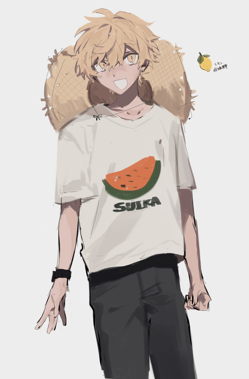 1boy black_pants blonde_hair chin_strap collarbone commentary_request cowboy_shot food freckles fruit grey_background grin guu_(guu8) hat highres lemon looking_at_viewer male_focus original pants romaji_text shirt short_hair short_sleeves simple_background smile solo straw_hat sun_hat t-shirt very_short_hair watch watch watermelon_slice white_shirt yellow_eyes