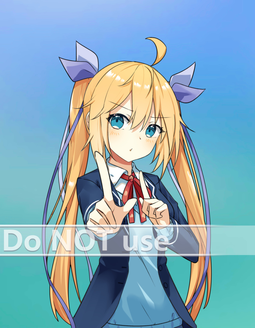 1girl ahoge bangs blazer blonde_hair blue_background blue_eyes blue_jacket blue_ribbon blue_sweater blush closed_mouth collared_shirt commentary_request english_text eyebrows_visible_through_hair gradient gradient_background hair_between_eyes hair_ribbon highres index_fingers_raised jacket koi_dance long_hair long_sleeves looking_at_viewer mo_(pixiv9929995) neck_ribbon open_clothes open_jacket original outstretched_arm red_ribbon ribbon school_uniform shirt solo sweater twintails upper_body very_long_hair watermark white_shirt